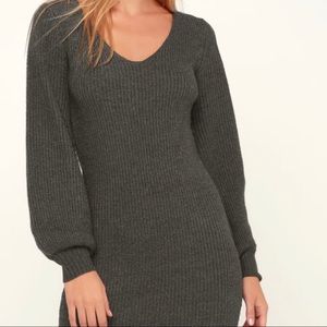 CHARCOAL GREY BALLOON SLEEVE KNIT SWEATER DRESS